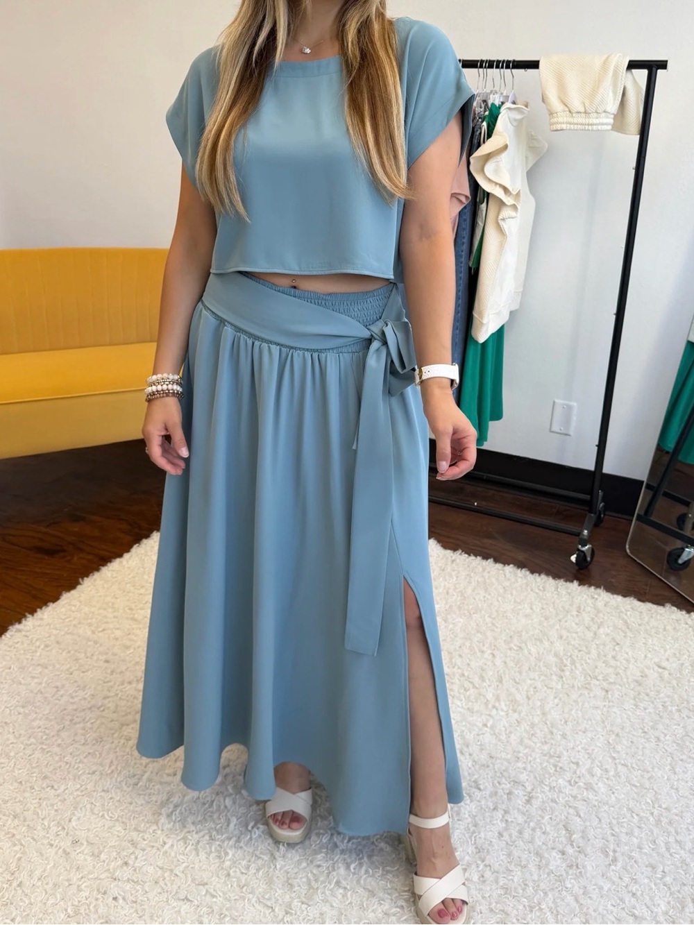 Zenana Heavy Woven Crop Tee And Skirt Set🩵